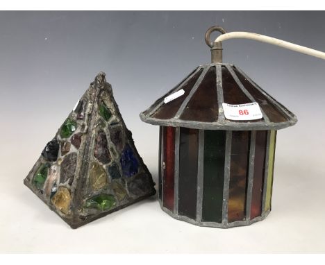 Two vintage pendant 'chunk glass' leaded light shades 