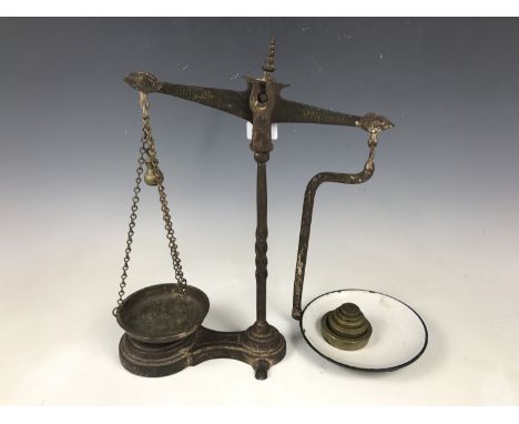 A set of P. Roger & Loach of Birmingham counter top scales with weights