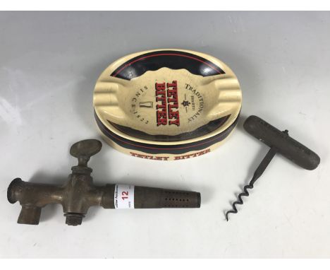 Vintage breweriana including a Tetley Bitter ashtray, a Charrington barrel tap and a J & W Hardie wooden handled corkscrew   