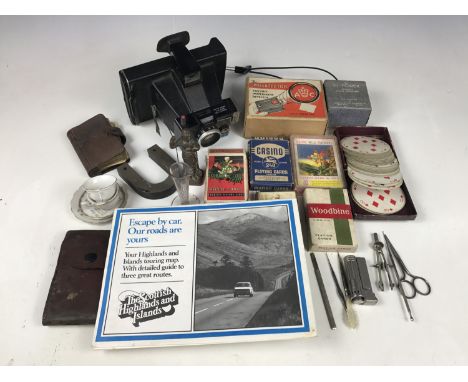 Sundry collectors' items including a Polaroid Colorpack II land camera, maps, playing cards, a cased magnifier and a Victoria