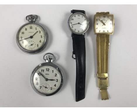 A vintage Smiths pocket watch together with another by Ingersoll pocket watch, a Timex wrist watch and a Mondaine 