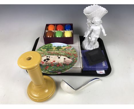 A Parian cherub vase together with a Victorian ladle, a retro boxed set of Romanian egg cups, Wedgwood trinket dishes and a c