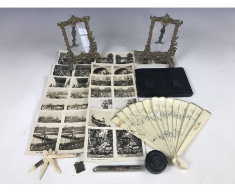Sundry collectors' items including a Bakelite compass, bone pocket folding manicure set, nurse's timer, stereoviewer and view