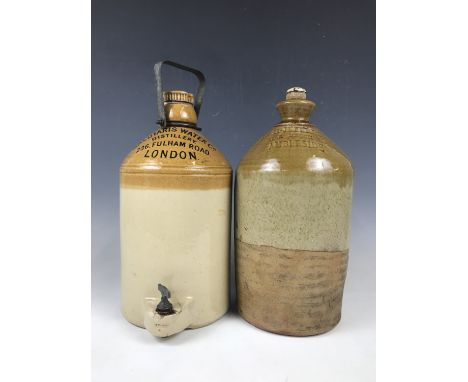 A stoneware flagon with tap, printed "Salutaris Water Co Distillery, 236 Fulham Road, London", together with a flagon of R & 
