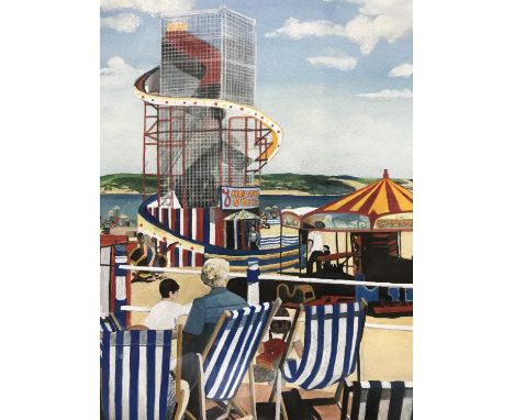 E*** R*** Brook (Contemporary) Seaside Fairground, bright and breezy depiction of a British beach, with Helter-Skelter and ca