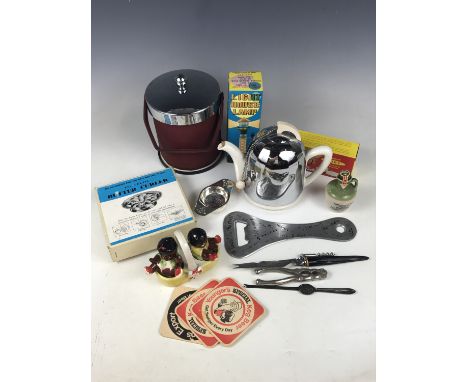 Retro bar ware and kitchenalia etc including a Coldy Lux ice bucket and a boxed Westmark Cuby together with beer mats, a butt