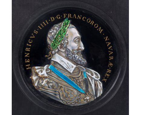   Copper and enamel plaque.  Limoges. France. “Henri  IV Roi de France et Navarre”. at the back with enamel the capitals SDC 