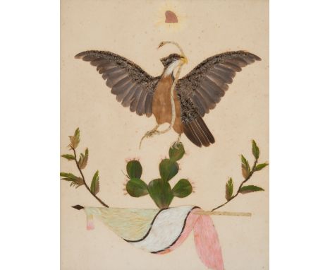  Mexican School. 19th century.  Period: 1846 - 1864.  Interesting featherwork depicting the emblem of the coat of arms of Me