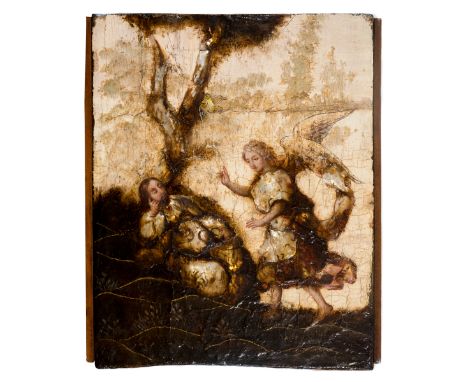 Nicolás de Correa (c.1660 - c.1720) "Joseph’s dream, visited by the angel, under the oak of Mamre” “Enconchado”. Oil on wood 