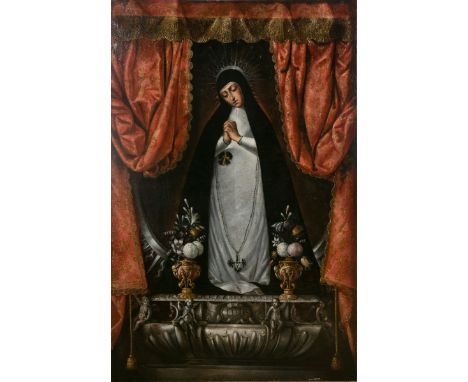   Colonial School. Mexico. 17th - 18th century  "True Portrait of Our Lady of Solitude from Victoria Convent, Madrid"  Oil on