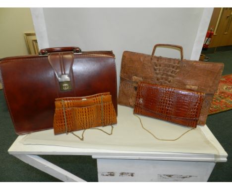 Two alligator skin vintage handbags, together with an alligator skin satchel and a brown leather doctors style bag (4)