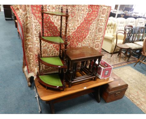 A nest of three oak tables, what-not, coffee table, tin trunk and two barometers.