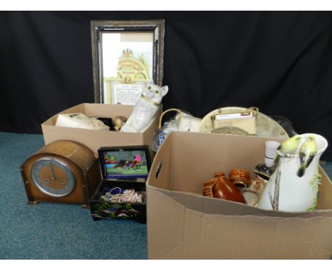 Three boxes of household sundries including mantle clock. glassware, ceramics etc