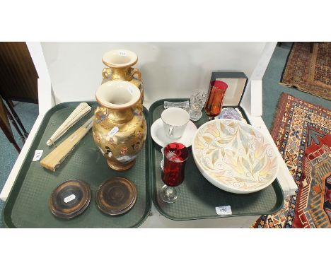 A pair of Japanese satsuma vases on stands together with two fans, mother of pearl and ivory, a Whitefriars paperweight in or