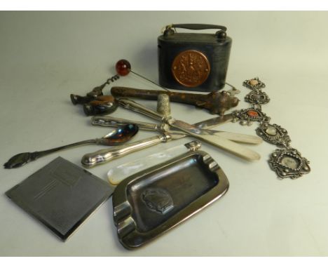 Three silver handled side knives together with a white metal bangle and a Post Office Savings Bank money box with key etc