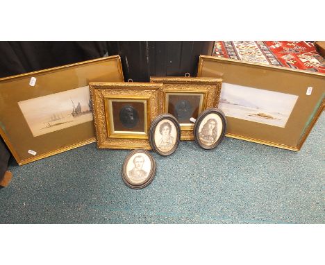 Three oval portraits on simulated ivory, Charles II, Lady Hamilton and Abraham Lincoln, together with a pair of framed black 