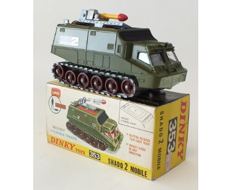 A Dinky Toys No 353 Shado 2 Mobile in all card box, circa 1971, the model in green with silver tracks, complete with inner pr