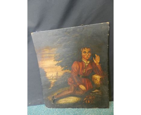 English Provincial School (19th century) Portrait of a boy seated beside trees with a village beyond, oil on panel, unframed,