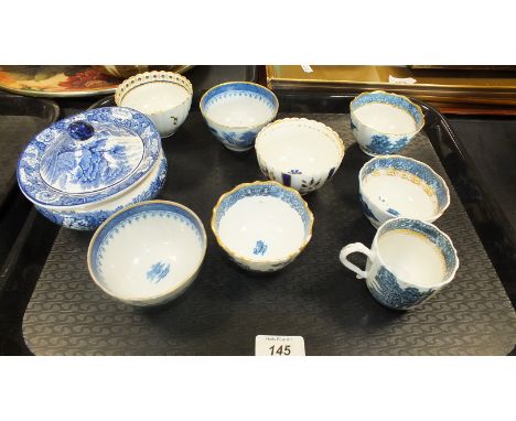 Seven late 18th century Caughley teabowls, together with a Caughley coffee cup and an Enoch Wood, English Scenery jar and cov