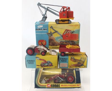 A group of four boxed Corgi Toys, to include a No 53 Massey-Ferguson Tractor with shovel, a No 62 Farm Tipper Trailer, a No 6