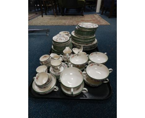 Two trays of assorted teawares including Spode, Chinese Rose pattern