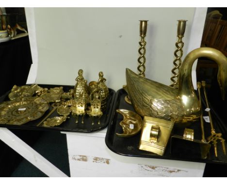 A quantity of brassware to include fireside tools, candlesticks, a swan, dishes, ornaments etc (two trays)