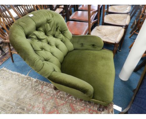 A Victorian low tub chair, later upholstered in green button back dralon.