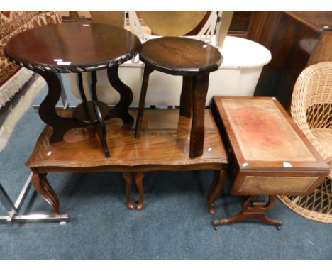 A mahogany finished suite of three occasional tables, a reproduction small sofa table and two other occasional tables