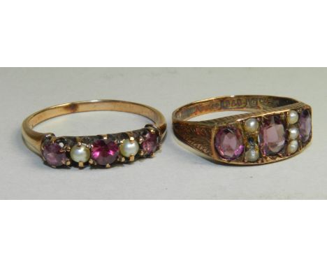 A 9ct gold Amethyst and seed pearl dress ring, together with a further Amethyst and seed pearl dress ring