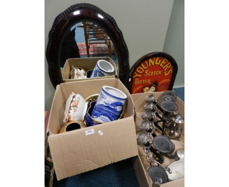 Household ceramics and glassware to include a Royal Doulton dish, plaques, blue and white cylinder vase, together with metal 