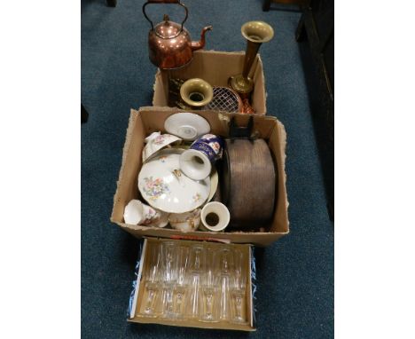 Two boxes of household sundries including ceramics, copper and brass wares, a mantle clock, also a box of champagne flutes