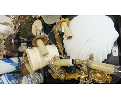 Ceiling light fittings, a shell form lamp shade, circular lacquer style box and cover, blue and white vases, copper planter, 