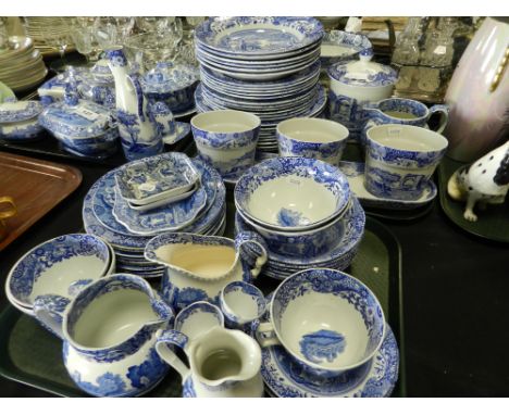 Three trays of blue and white Copeland Spode Italian wares to include dinner plates, jugs, teawares, tureens and covers, pin 