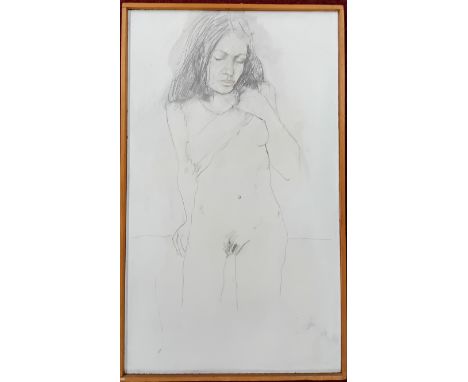 A pencil study of a nude, framed, overall size 78cm x 47.5cm, together with a watercolour portrait sketch, signed 'AJ '72', f
