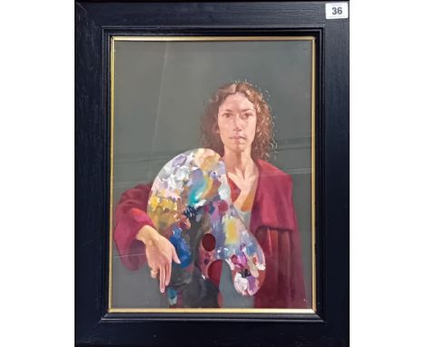 Yana Trevail (Dartmoor Artist connected with Robert Lenkiewicz) oil on canvas, 'Self Portrait with Palette', signed and title