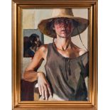 Louise Courtnell (1963-), oil on board, self portrait in studio, framed, overall size 62cm x 48cm.