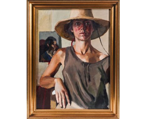 Louise Courtnell (1963-), oil on board, self portrait in studio, framed, overall size 62cm x 48cm. Courtnell studied under an