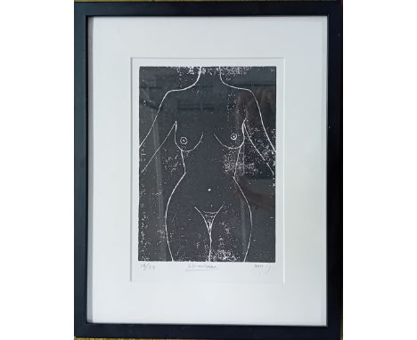 A limited edition lino print female nude, 'Lhambias' 18/25, 2011, together with two prints, and an abstract watercolour portr