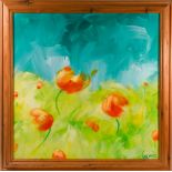 Lee Woods (1964-), oil on board, 'Poppies', signed, framed, overall size 88.5cm x 88.5cm.