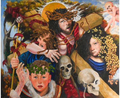 Richard Clark, oil on canvas, 'Jacob's Ladder', overall size 74.5cm x 90.5cm.