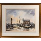 Peter Toms (1940-) watercolour on paper, 'Barges, Faversham Creek', signed, framed and glazed,
