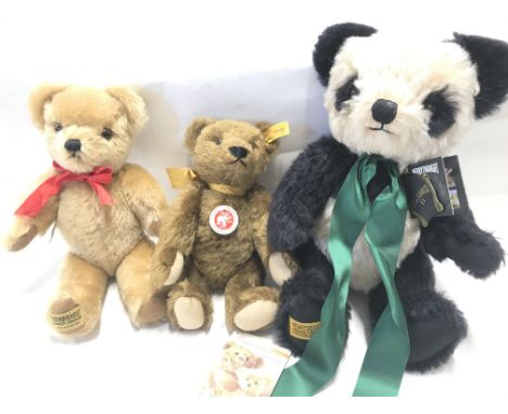 2 X Merrythought Bears. A Panda and a gold Teddy. Also a Steiff classic Teddy bear.