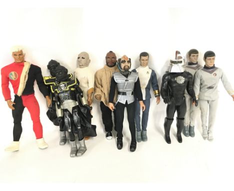 A Collection of Vintage 12 Inch Figures including Star Trek. Battle Star Galactica. The A-Team etc.