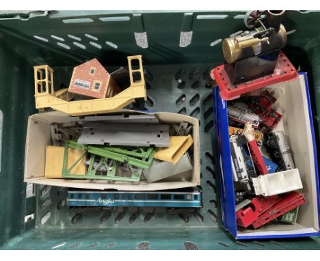 A Box Containing a Collection of Loose 00 Gauge Rolling Stoc and accessories. And a small Mamod  engine.