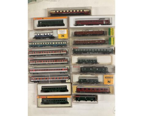 A Collection of N Gauge Boxed Coaches. Including Fleischmann. Lima. Arnold. Minitrix. Etc.