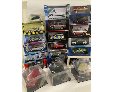 A Box Containing a Large Collection of Boxed Die Cast Vehicles including Corgi. Mini champs. Solido. Oxford. Mainly Police Ve