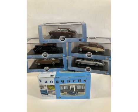 5 X Boxed Oxford Automobile Company Vehicles 1:43 Scale and a Vanguards Rover 3500 V8 Police Escort Diorama. (Box 11).