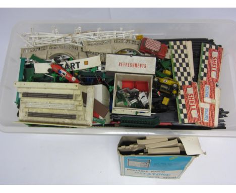A large box of loose and playworn Scalextric track, cars and accessories 