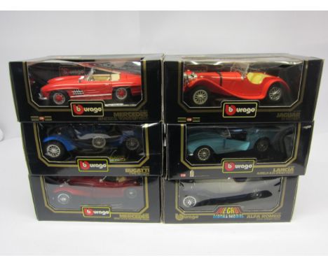 Five 1/18 and one 1/20 scale boxed BBurago diecast cars to include Jaguar SS 100 (1937), Lancia Aurelia B24 Spider (1955), Al