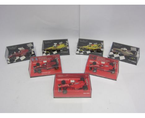 A group of seven Paul's Model Art Minichamps Ferrari and Jordan 1:43 scale diecast model Formula 1 cars, to include Michael S